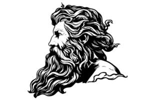 Zeus Kopf Hand gezeichnet Logo Tinte skizzieren. graviert Stil Illustration. vektor