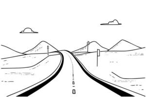 öken- väg hand dragen bläck skiss motorväg landskap. graverat stil illustration. vektor