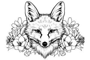 Fuchs Kopf gerahmt mit Blumen Hand gezeichnet Tinte skizzieren. Gravur Stil Illustration. vektor