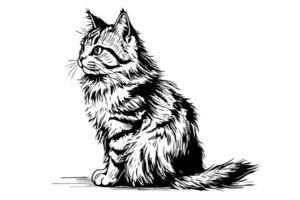 söt katt hand dragen bläck skiss gravyr årgång stil. illustration. vektor