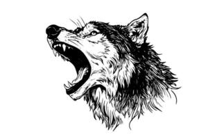 wütend Wolf Kopf Hand gezeichnet Tinte skizzieren. Gravur Jahrgang Stil Illustration. Design zum Logo, Maskottchen, drucken. vektor