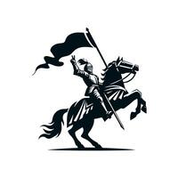 ein schwarz Silhouette von ein Ritter im ein Helm im Teller Rüstung Reiten ein Pferd siegreich winken mit einer Hand und halten ein Flagge flattern im das Wind im das andere. 2d schwarz Kunst vektor