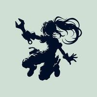 schwarz Silhouette von ein Mechaniker Mädchen , sie furchtlos springt in Schlacht mit ein Schlüssel im ihr Hände im ein dynamisch Aktion Anime Pose . 2d schwarz vektor