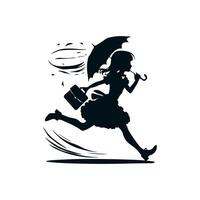en svart silhuett med en glad flicka i en fluffig klänning med en portfölj och ett paraply, hon kör som om svävande med utan motstycke lätthet i en dynamisk utgör. 2d svart vektor