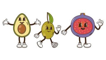 frukt och bär i häftig stil uppsättning. kiwi oliver och fikon. tecken trendig retro, komisk maskot. design baner affisch. y2k hippie 70-talet, 80-tal. illustration. vektor