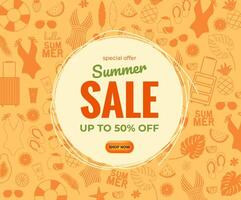 Sommer- Verkauf Banner mit Symbole von Früchte, Badeanzüge, Sonnenbrille und Rabatt Text. Jahreszeit Beförderung Illustration im Orange Farbe vektor