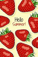 Hej sommar. färgrik vykort, baner, affisch mall med jordgubbar frukt. vektor