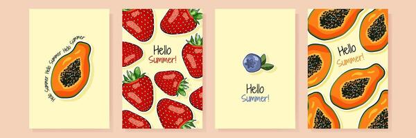 Hallo Sommer- einstellen mit Papaya, Erdbeeren und Blaubeeren. bunt Postkarte, Banner, Poster Vorlage mit Frucht. vektor