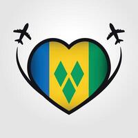 Heilige Vincent und das Grenadinen Reise Herz Flagge mit Flugzeug Symbole vektor