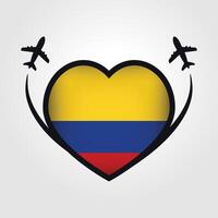 Kolumbien Reise Herz Flagge mit Flugzeug Symbole vektor