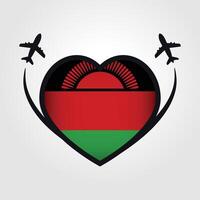 Malawi Reise Herz Flagge mit Flugzeug Symbole vektor