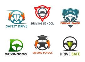 kör skola ikoner med bil styrning hjul vektor