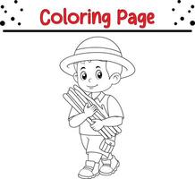 Junge erkunden Tragen Brennholz Färbung Buch Seite zum Kinder vektor