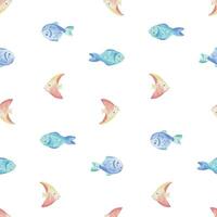 verschiedene Meer Fisch, einfach, cartoonhaft. Aquarell Illustration Hand gezeichnet mit Pastell- Farben Türkis, Blau, Minze, Koralle, Pfirsich. nahtlos einfach Muster Kinder s vektor