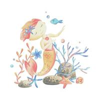 sjöjungfru liten pojke med hav koraller, alger, skal, sjöstjärna, fisk, bubblor. vattenfärg illustration hand dragen i korall, turkos och blå färger. sammansättning isolerat från de bakgrund. vektor