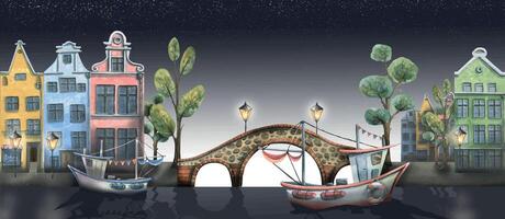 vattenfärg illustration av en panorama av ett gammal europeisk stad på natt. med broar, lyktor, båtar på de flod. för design, dekoration av vykort, banderoller, souvenirer, affischer, grafik. vektor