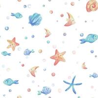 olika fisk, sjöstjärna, skal och bubblor. hand dragen vattenfärg illustration i blå och korall färger. sömlös mönster, barnslig, söt, mild, enkel för textilier och barnkammare dekoration vektor