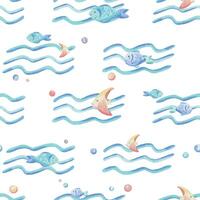 Meer Wellen, verschiedene Fisch und Blasen. Hand gezeichnet Aquarell Illustration im Blau und Koralle Farben. nahtlos Muster, kindisch, Niedlich, sanft, einfach zum Textilien und Kindergarten Dekoration vektor