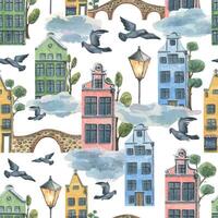 vattenfärg illustration av europeisk hus, broar, träd, moln och duvor. sömlös mönster. för tyg, textilier, tapet, grafik skrot papper vektor