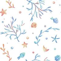 hav koraller, alger, skal, sjöstjärna, fisk och bubblor. hand dragen vattenfärg illustration i blå och korall färger. sömlös mönster, barnslig, söt, mild enkel för textilier och barnkammare dekoration vektor