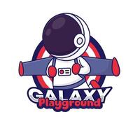 lekplats logotyp, galax tema med astronaut maskot vektor