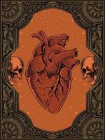 illustration vektor antika mänskliga hjärtat med gravyr prydnad
