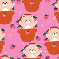 nahtlos Muster Karikatur Bär und Erdbeere Innerhalb ein Korb. süß Tier Hintergrund Illustration zum Geschenk wickeln Papier vektor
