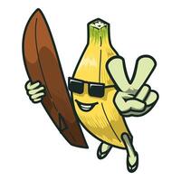 Surfen Banane Karikatur Charakter tragen Sonnenbrille im Sommer. Maskottchen Illustration Sammlung. vektor