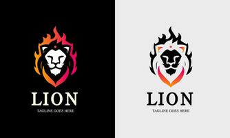 lejon minimalistisk logotyp, kung lejon symbol i röd svart, gul Färg, lejon ansikte med brand ikon röd hjort Zoo skog vektor