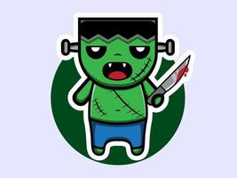 Süße Frankenstein hält Messer Charakter Vektor Icon Illustration. isoliertes flaches Design.