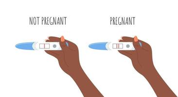 Hände, die positiven und negativen Schwangerschaftstest mit einem und zwei Streifen halten. Arme der afroamerikanischen Frau Draufsicht. flache Vektorgrafik mit Text vektor