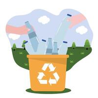 platt man innehav skräp kan samlar samlar plast avfall in i återvinning behållare av ekologisk frivilliga, skräp väska vektor