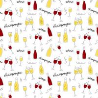 vin alkohol seamless mönster. vit vektorbakgrund med glas och flaskor champagne och rött vin isolerade. kontur doodle design vektor