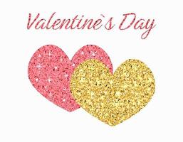Valentinstag-Grußkarte. zwei glitzernde goldene und rote herzen mit leuchtendem effekt und text valentinstag. entwerfen Sie glänzende Liebessymbole zusammen. Vektor-Illustration vektor