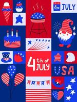 Grafik Poster mit National Symbole von USA Unabhängigkeit Tag. Gruß Karte zum 4 .. von Juli. Luftballons, Kuchen, Sterne, Flaggen. patriotisch Elemente im eben Karikatur Stil. hell Farbe Illustration. vektor