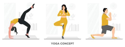 platt män och kvinnor håller på med yoga begrepp illustration vektor