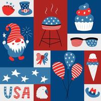 fyrkant hälsning kort med patriotisk symboler av USA oberoende dag. social media affisch för 4:e av juli. nationell amerikan symboler i platt tecknad serie stil. retro årgång färger. illustration. vektor