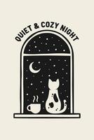 ruhig und gemütlich Nacht Text. Illustration von ein sternenklar Nacht Aussicht von das Fenster mit ein Katze und Kaffee. vektor