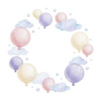 Rahmen von Rosa, lila Luft Luftballons Wolken und Sterne . Aquarell isoliert Hand gezeichnet Illustration. Kranz zum Postkarten, Dekoration von Kinder- Räume und Party, Baby Dusche und Geburtstag Karten vektor