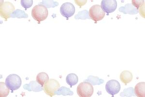 Rahmen von Rosa, lila Luft Luftballons Wolken und Sterne . Aquarell isoliert Hand gezeichnet Illustration. Kranz zum Postkarten, Dekoration von Kinder- Räume und Party, Baby Dusche und Geburtstag Karten vektor