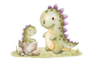 Mama und Baby Dinosaurier im Ei im Wiese. kindisch drucken mit Dinos. isoliert Hand gezeichnet Aquarell Illustration zum Design Kinder Waren, Karten, Sammelalbum, Büro liefert vektor