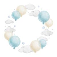 Rahmen von Blau Luft Luftballons Wolken und Sterne . Aquarell isoliert Hand gezeichnet Illustration. Kranz zum Postkarten, Dekoration von Kinder- Räume und Party, Baby Dusche und Geburtstag Karten vektor