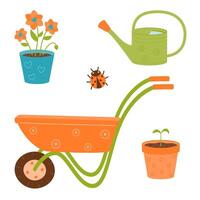 trädgårdsarbete och plantering utrustning - trädgård skottkärra, vattning burk, inlagd blomma, nyckelpiga. vektor