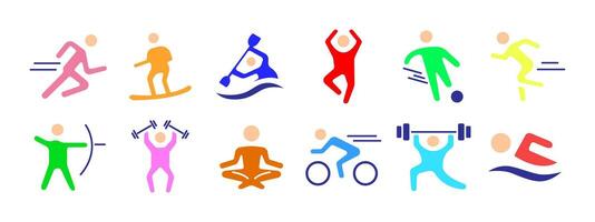 sport uppsättning ikon. löpning, surfing, Kajakpaddling, Hoppar, fotboll, bågskytte, tyngdlyftning, yoga, cykling, simning. fysisk aktivitet och kondition begrepp. vektor