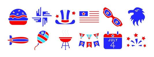 4 .. von Juli einstellen Symbol. Trommel, Rakete, USA Schild, Luftballons, Adler, Feuerwerk, Limonade Tasse, Kalender, amerikanisch Flagge, Hut, Burger, Grill, Luftschiff, Sonnenbrille, patriotisch Symbole. Unabhängigkeit Tag Konzept vektor