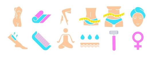 skönhet och wellness uppsättning ikon. kvinna kropp, yoga matta, ben, midja med mätning tejp, ansikte med handduk, vaxning, hårkam, yoga, vatten droppar, rakapparat, kvinna symbol. hälsa och egenvård begrepp. vektor