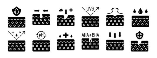 Haut einstellen Symbol. Flüssigkeitszufuhr Schild, Peeling, uvb Schutz, beruhigend, feuchtigkeitsspendend, ph Gleichgewicht, Aha bha Behandlung, Antialterung, tief Absorption, Haut Schutz. Haut Pflege, Schönheit. vektor