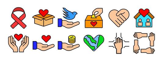 välgörenhet uppsättning ikon. band, donation låda, fred duva, händer innehav hjärta, hus med hjärta, mynt, jord hjärta, lagarbete, Stöd. välgörenhet och vänlighet begrepp. vektor