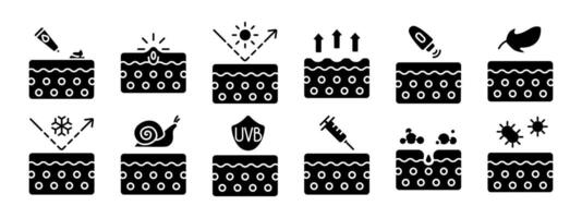 hud vård uppsättning ikon. applicering grädde, finne, Sol skydd, absorption, ljus textur, kyl- effekt, snigel väsen, uvb skydd, injektion, skum rengöring, bakterie skydd. skönhet. vektor