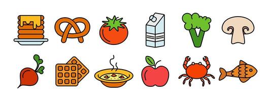 mat uppsättning ikon. pannkakor med sirap, pretzel, tomat, mjölk kartong, broccoli, svamp, rädisa, våffla, soppa, äpple, krabba, fisk. mat, kök. vektor